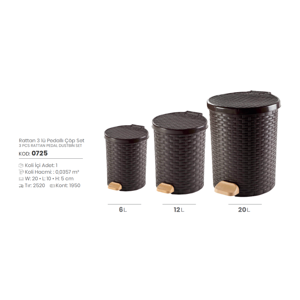 3 PCS RATTAN PEDAL DUSTBIN SET - Box 1 PCS