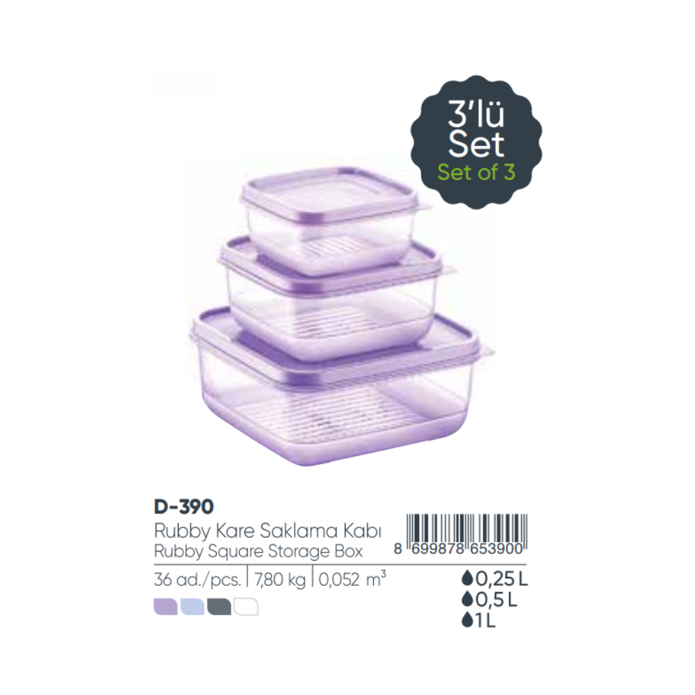 RUBBY SQUARE STORAGE BOX Set (250+500+ 1000) ml