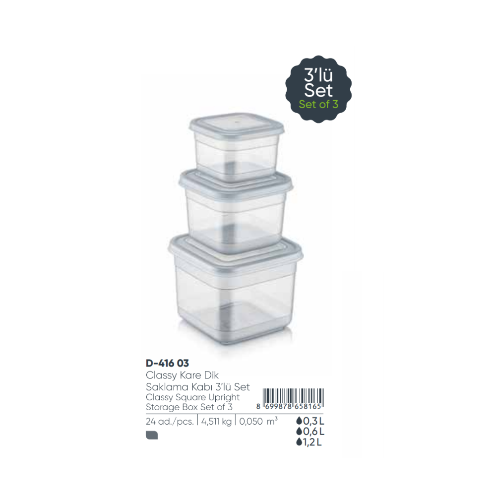 CLASSY SQUARE STORAGE BOX SET 3PCS (300 +600+1200 ) ML